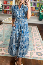 Blue Geometric Print Short Sleeve Drawstring Shirt Collar Dress