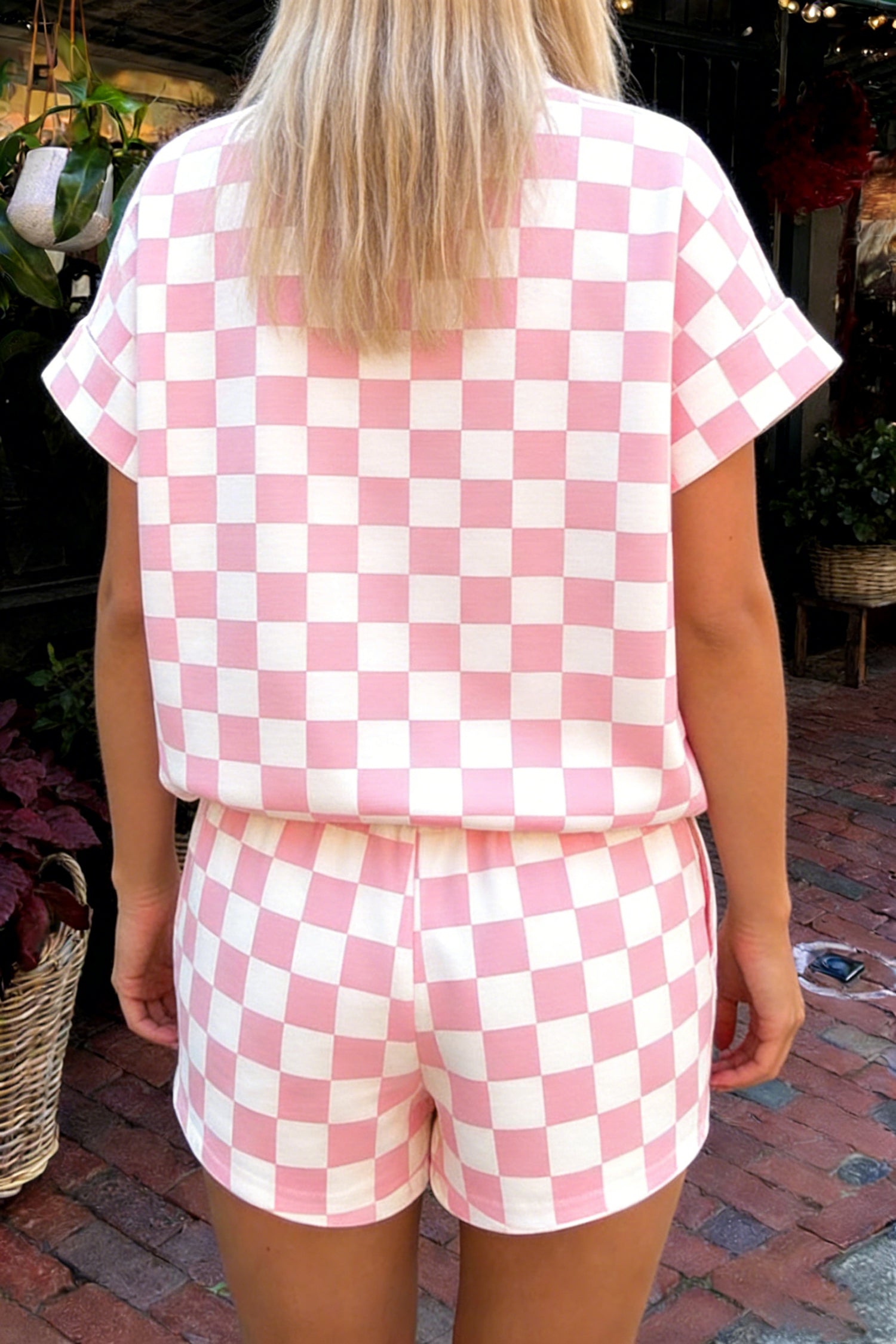 Pink Checkered Print Color Block Trim Mock Neck Short Set