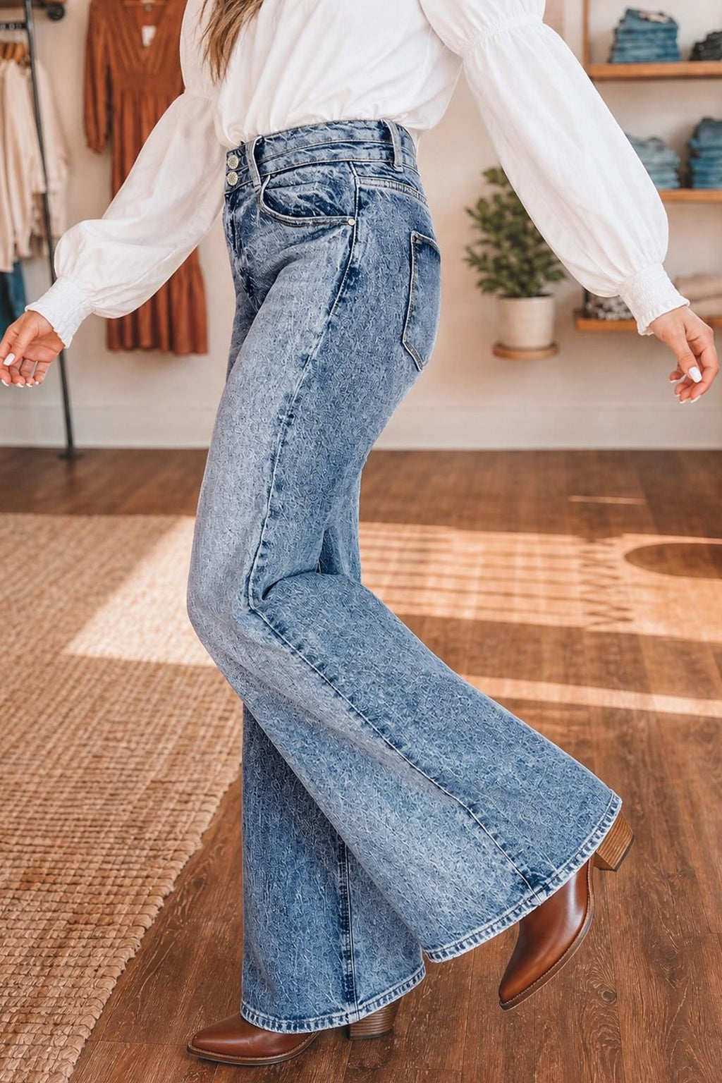 Beau Blue Acid Wash Pocket Detail Flare Jeans