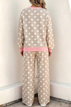 Khaki Polka Dot Contrast Trim Long Sleeve Top Drawstring Shift Pants Set