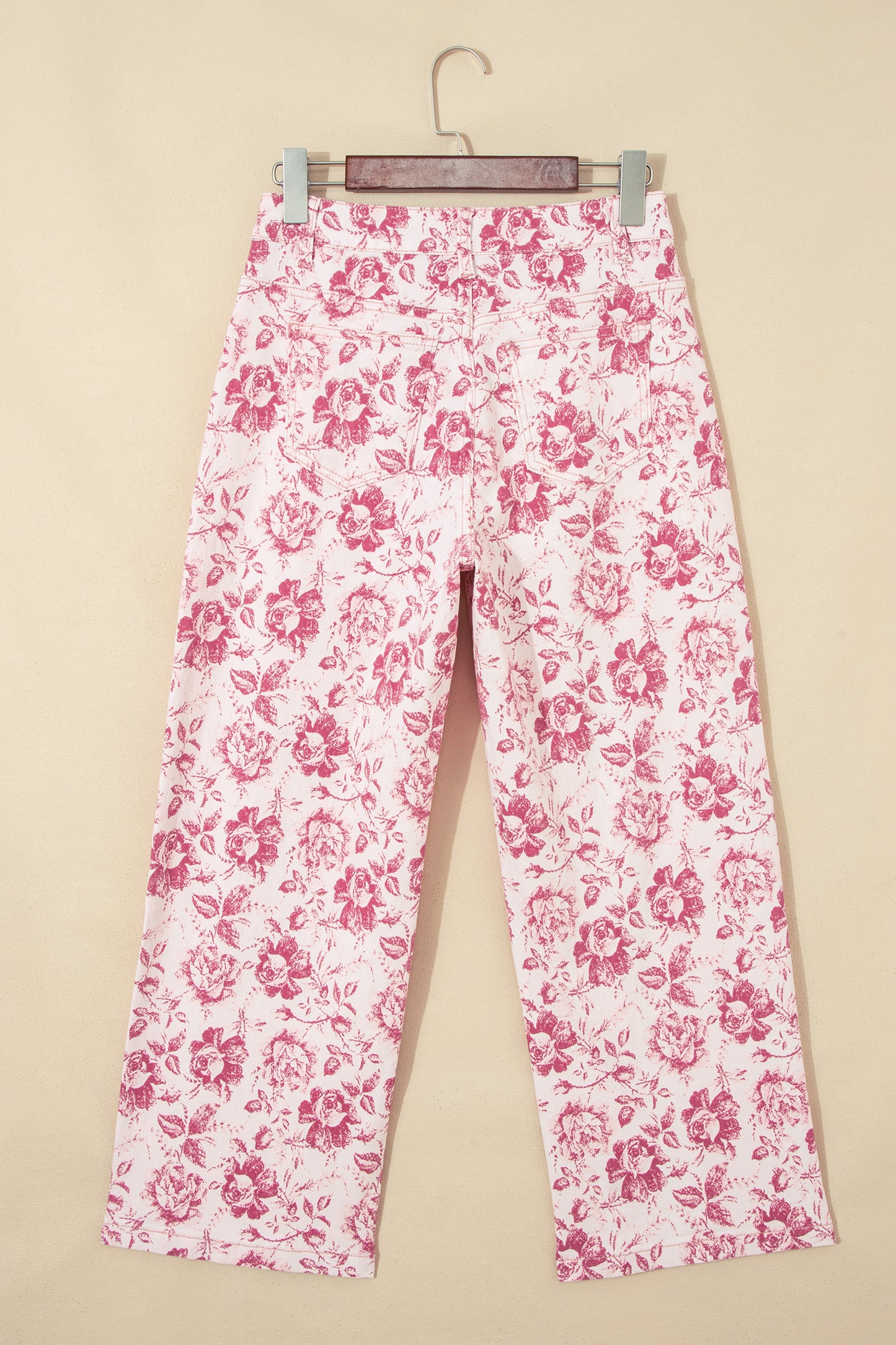 Pink Vintage Floral Print Denim Shift Pants