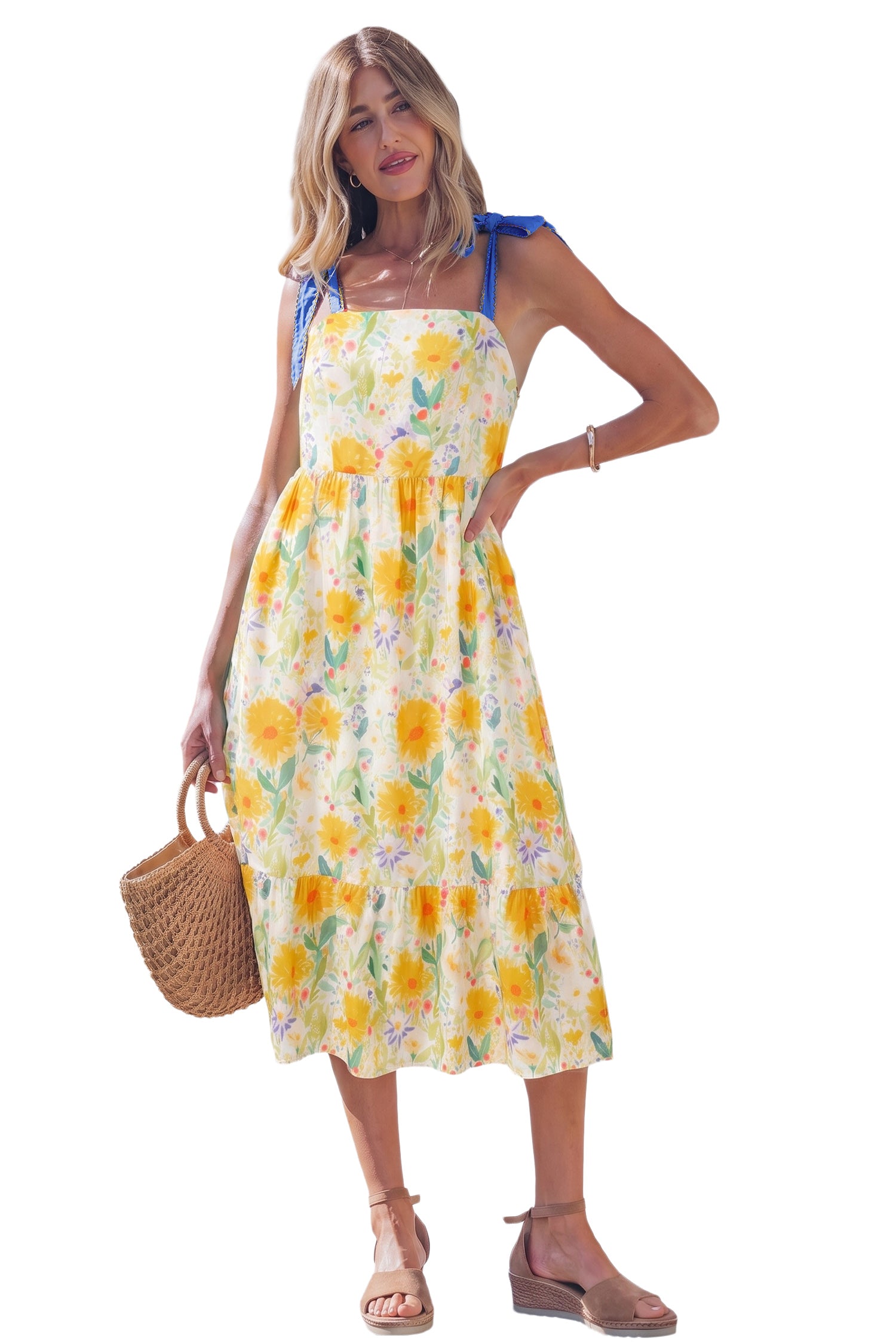 Red Floral Print Contrast Stitched Knot Denim Straps High Waist Dress