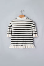 Beige Stripe Ruffle Trim Button Down Knit Short Sleeve Sweater Cardigan