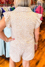 Beige Leopard Zip Polo Top 2pcs Short Set