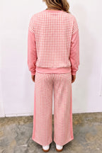 Green Color Block Plaid Patchwork Long Sleeve Pullover Wide Leg Pant Set