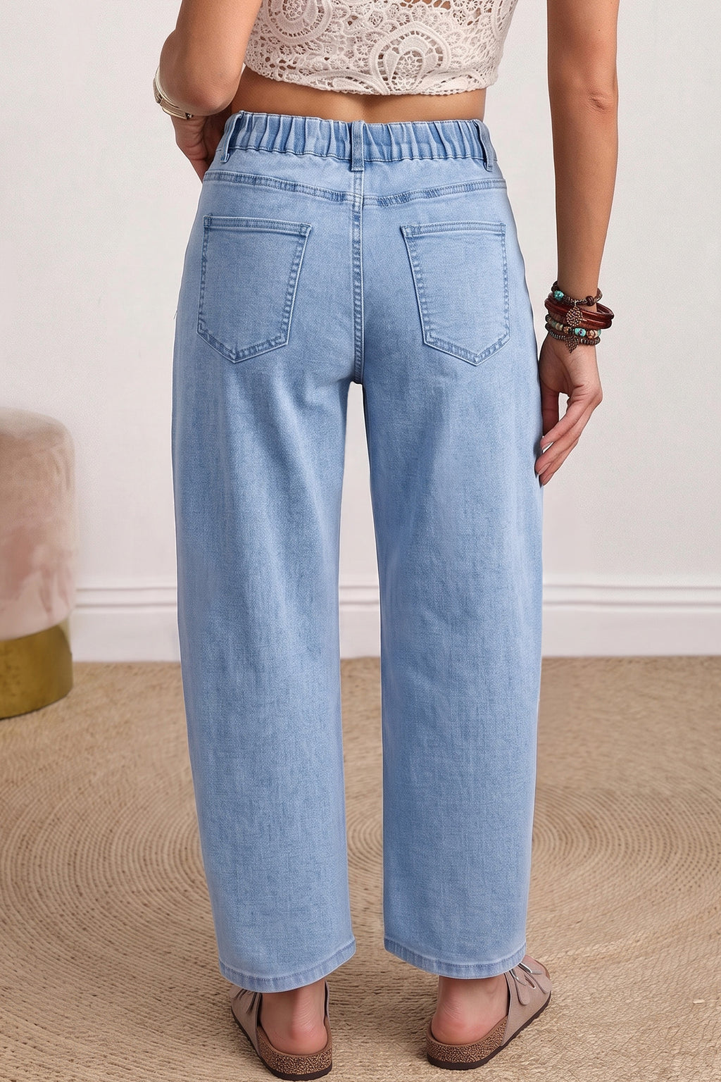 Light blue barrel jeans with square patch pockets and ankle-length design from Dear-Lover, featuring a classic denim look.