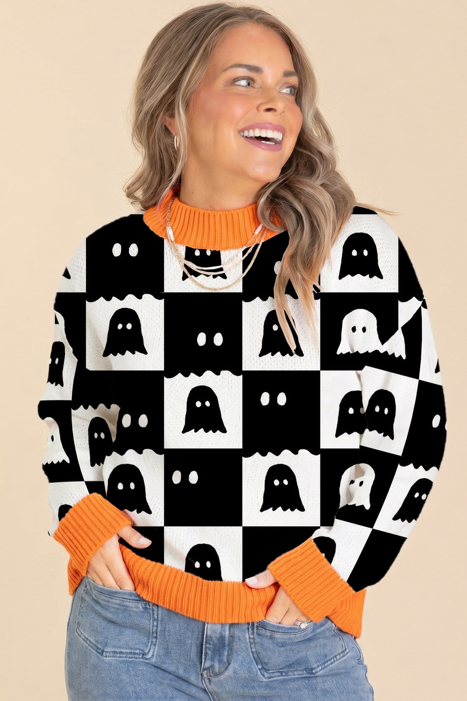 Black High Neck Drop Shoulder Geometric Print Sweater