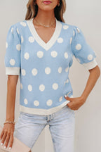 Rose Red Polka Dot Puff Short Sleeve Sweater Top
