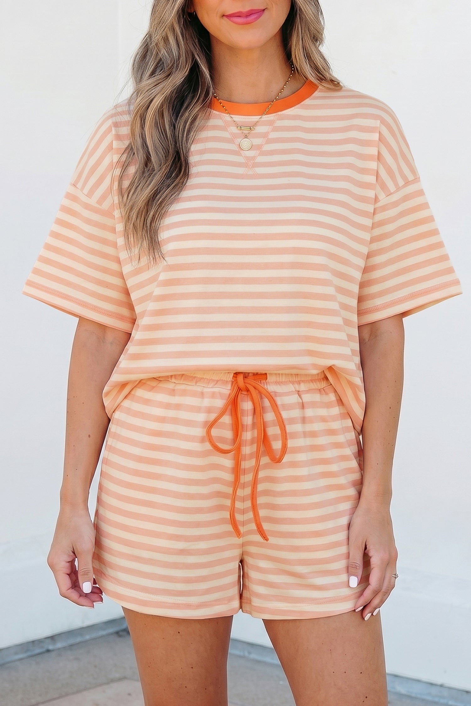 Stripe Contrast Neck Loose Tee and Drawstring Shorts Set