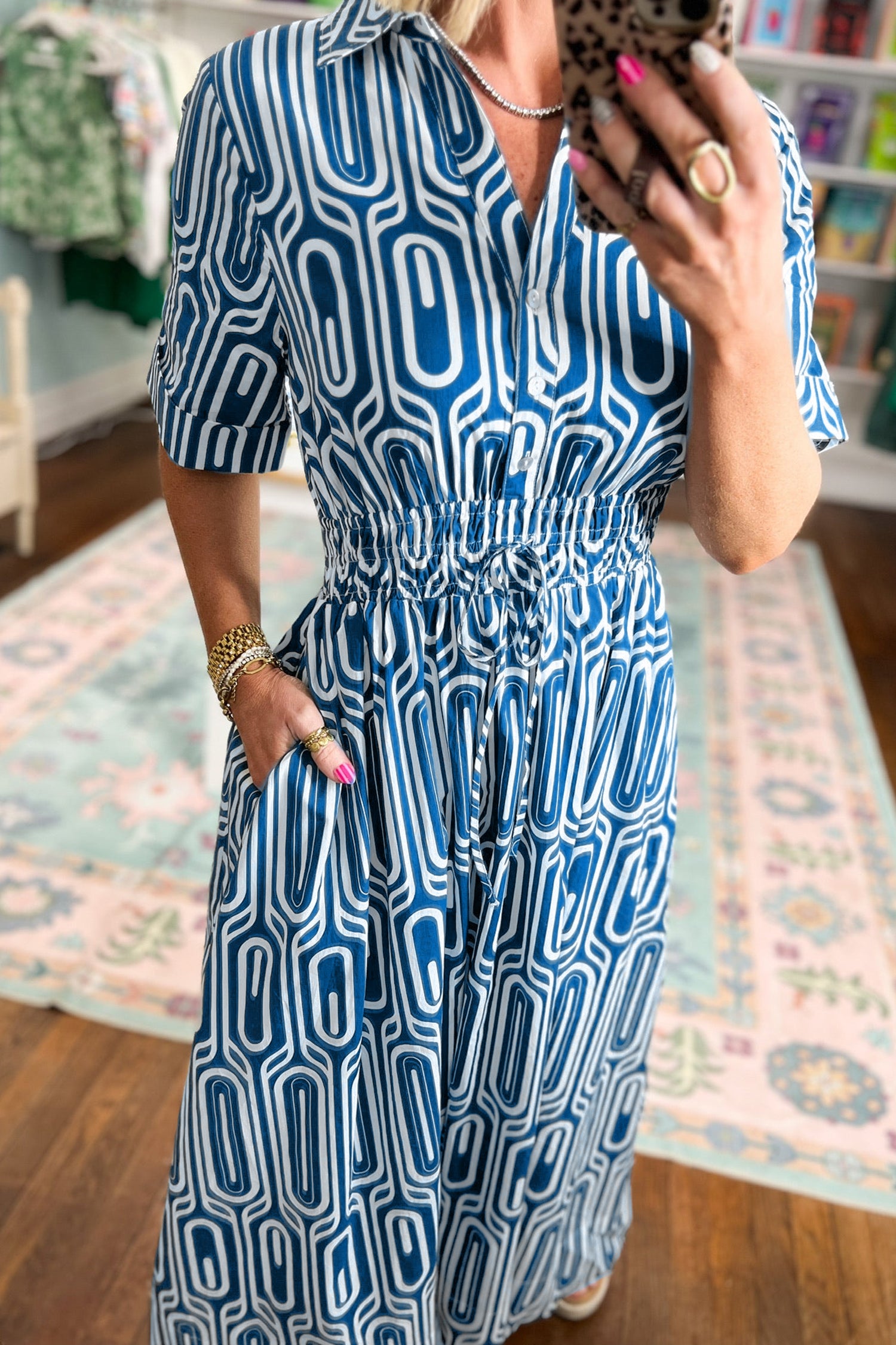 Blue Geometric Print Short Sleeve Drawstring Shirt Collar Dress