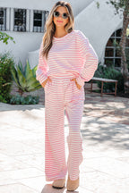 Pink Stripe Drop Shoulder Round Neck Top and Buttoned Straight Pants Two Piece Set