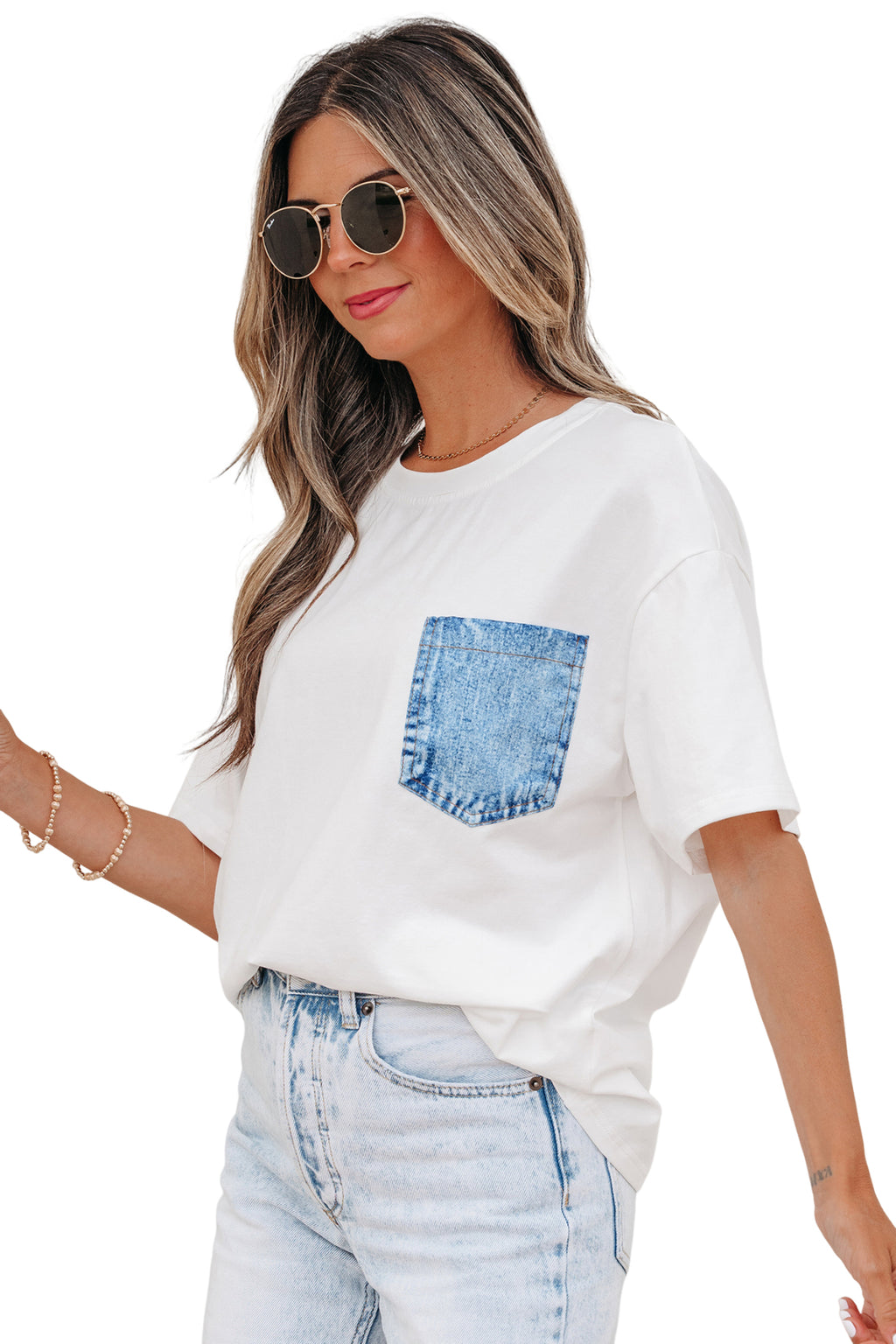 Sail Blue Color Block Chest Pocket Patched Casual Short Sleeve Top
