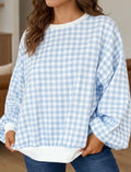 Light Blue Plaid Round Neck Long Sleeve Sweatshirt