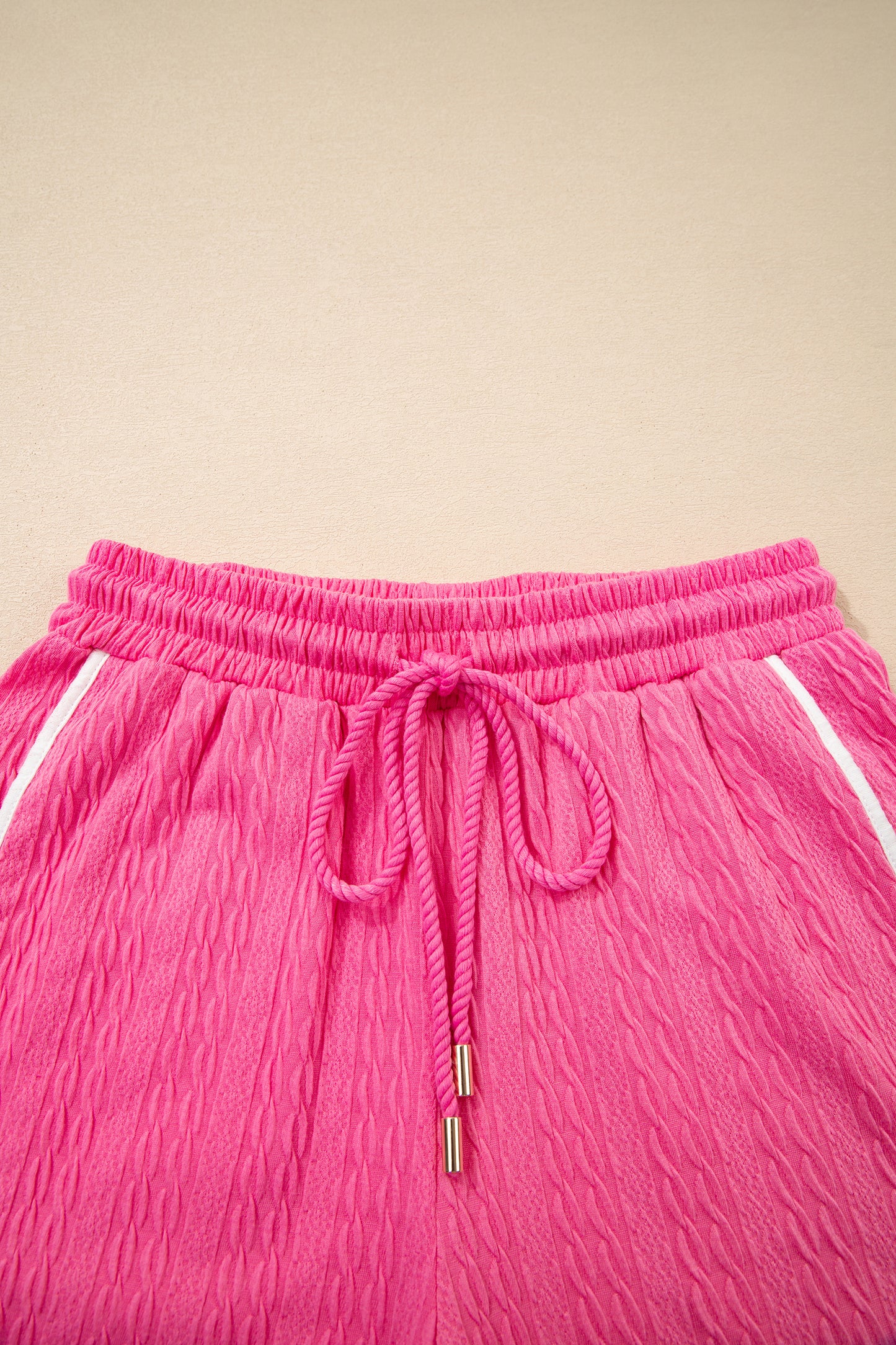 Bright Pink Textured Color Block Trim Loose Tee Drawstring Shorts 2pcs Set