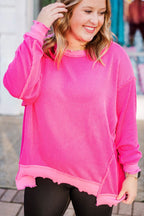 Rose Red Drop Shoulder Uneven Hem Plus Size Twisted Rib Top