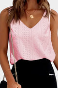 Light Pink Eyelet Knit Patterned Loose V Neck Tank Top
