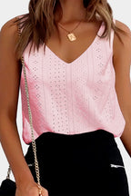 Light Pink Eyelet Knit Patterned Loose V Neck Tank Top