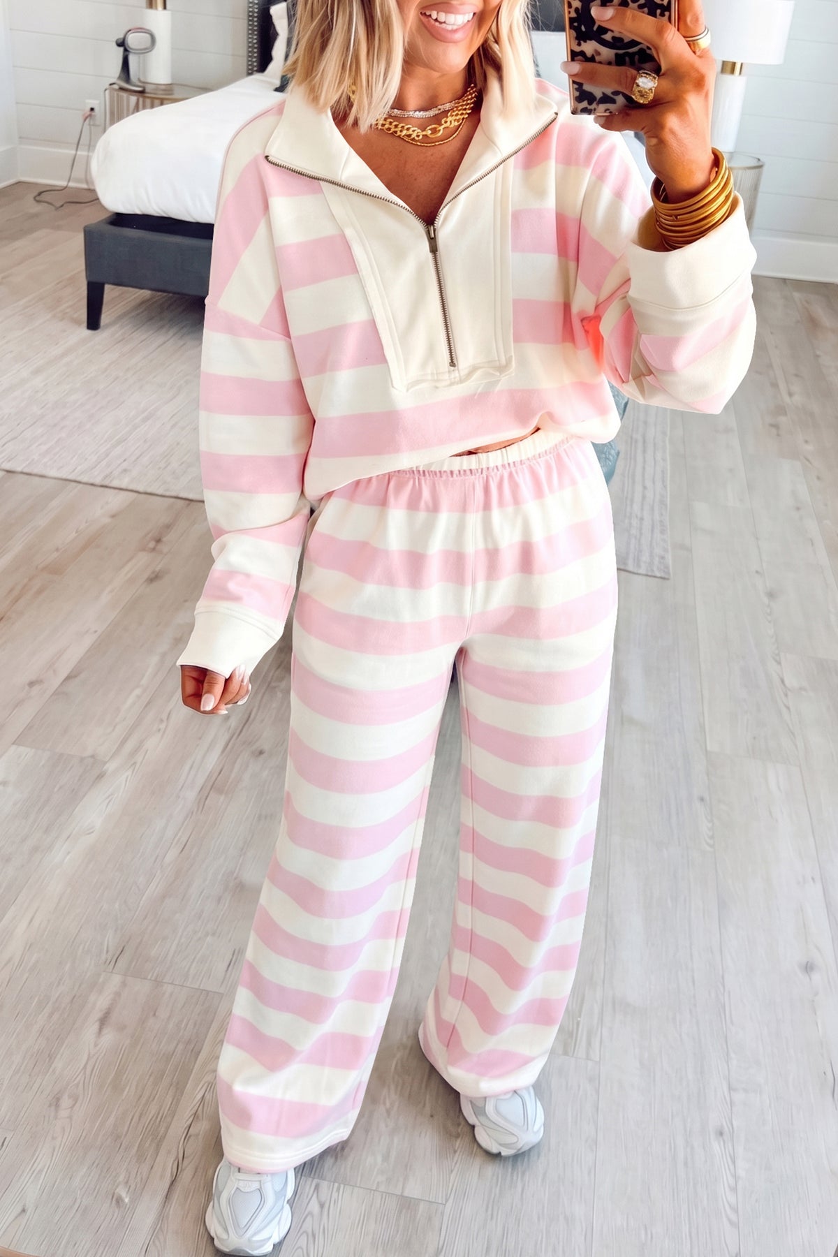 Pink stripe color block patchwork zip long sleeve top and elastic waist pants set by Dear-Lover, casual two-piece outfit.