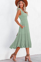 Shirred Pleated Square Neck Sleeveless Midi Dress