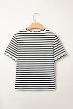 Black Stripe Scalloped Trim Round Neck T Shirt