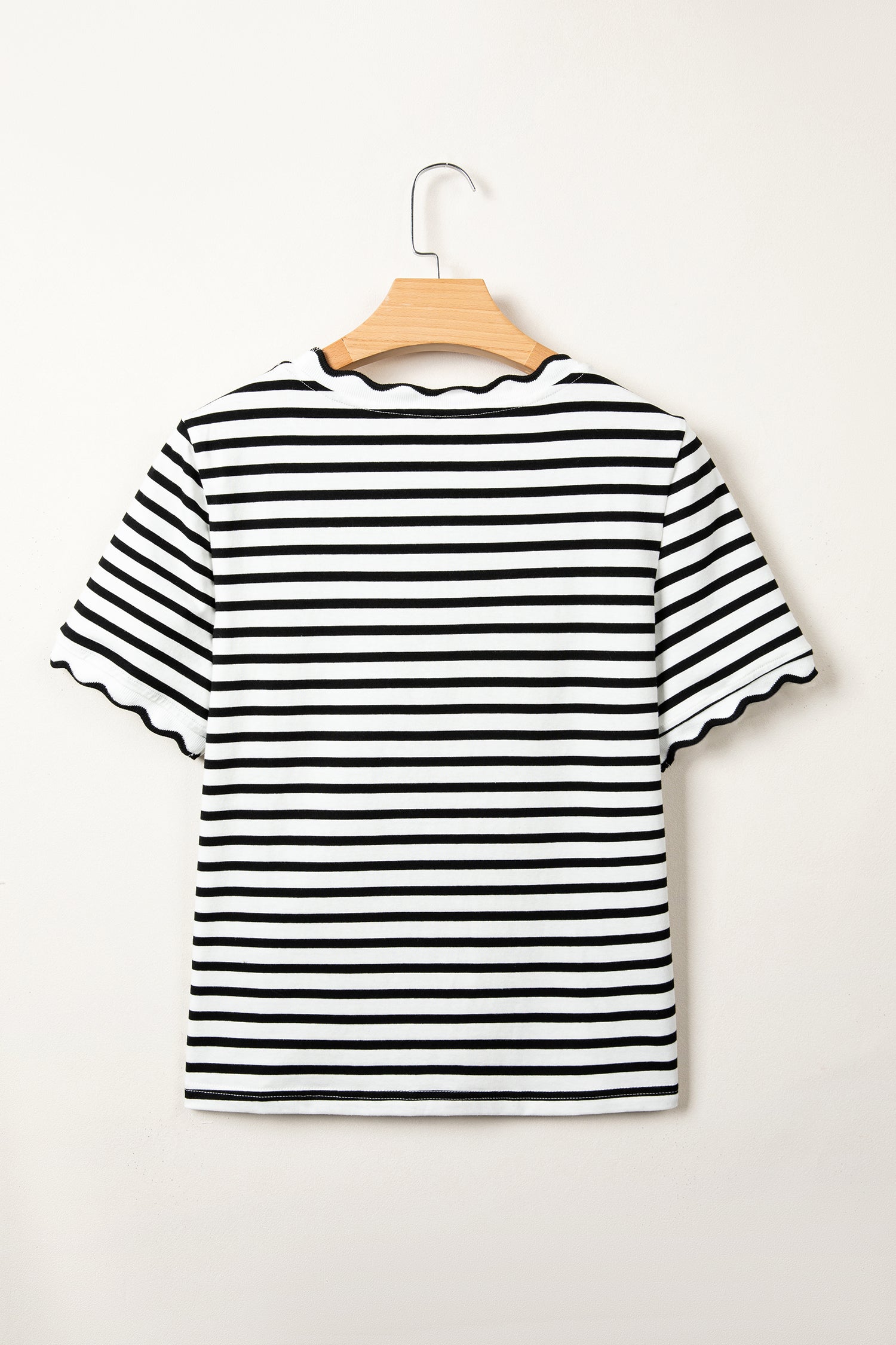 Black Stripe Scalloped Trim Round Neck T Shirt