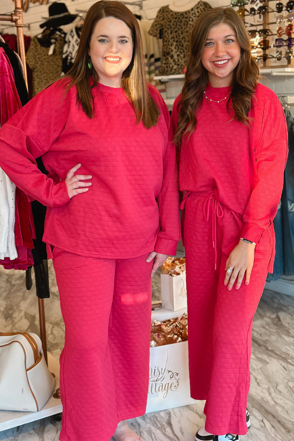Checkered Textured Split Pullover Top and Pants Set