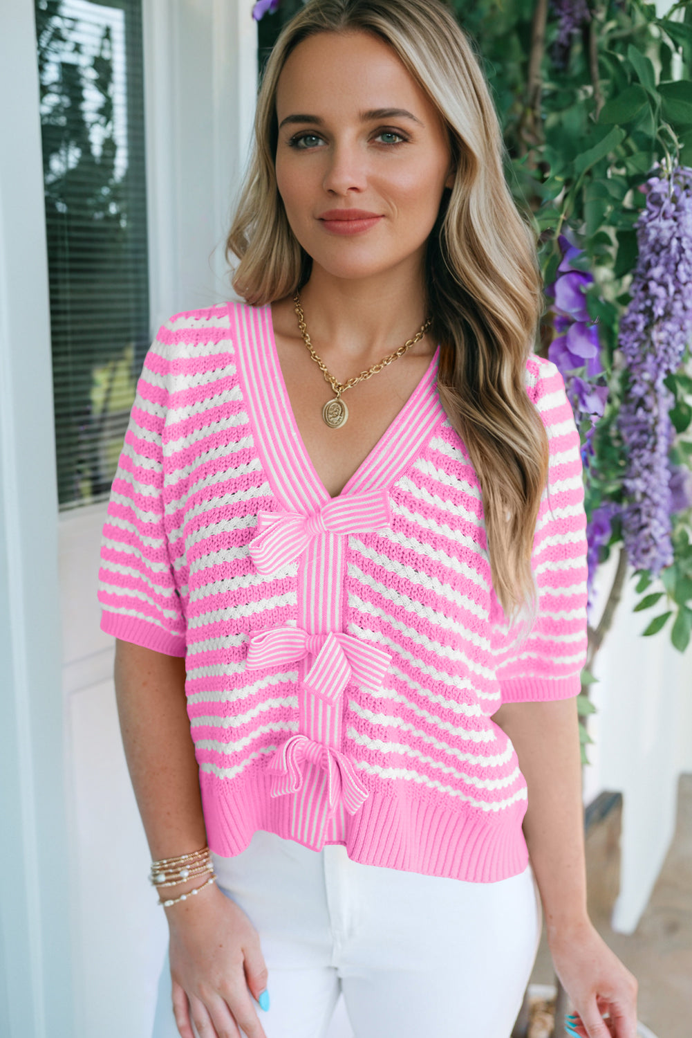 Black Stripe Short Sleeve Knit V Neck Bow Knot Sweater