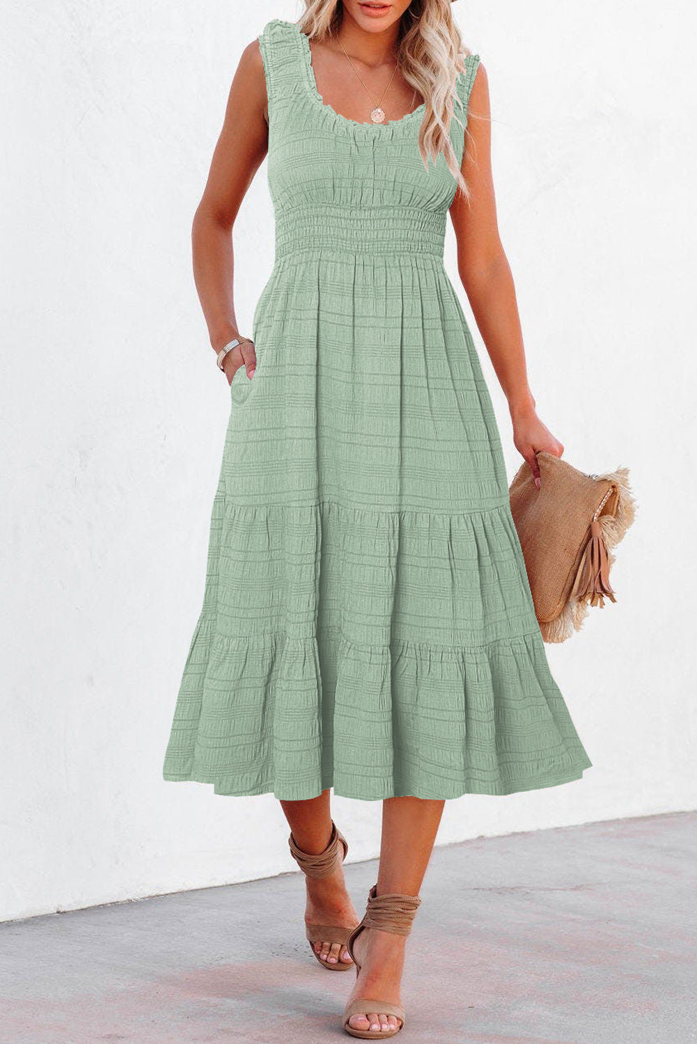 Shirred Pleated Square Neck Sleeveless Midi Dress