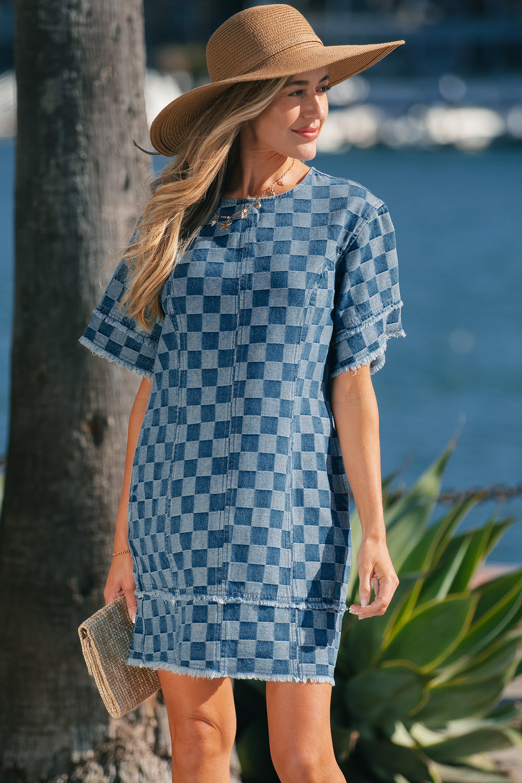 Sky Blue Frayed Hem Checkered Denim Mini Dress