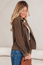 Dark Khaki Button Zip Up Lapel Collar Corduroy Jacket