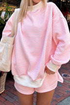 Red Stripe Oversize Mock Neck Sweatshirt and Shorts Set