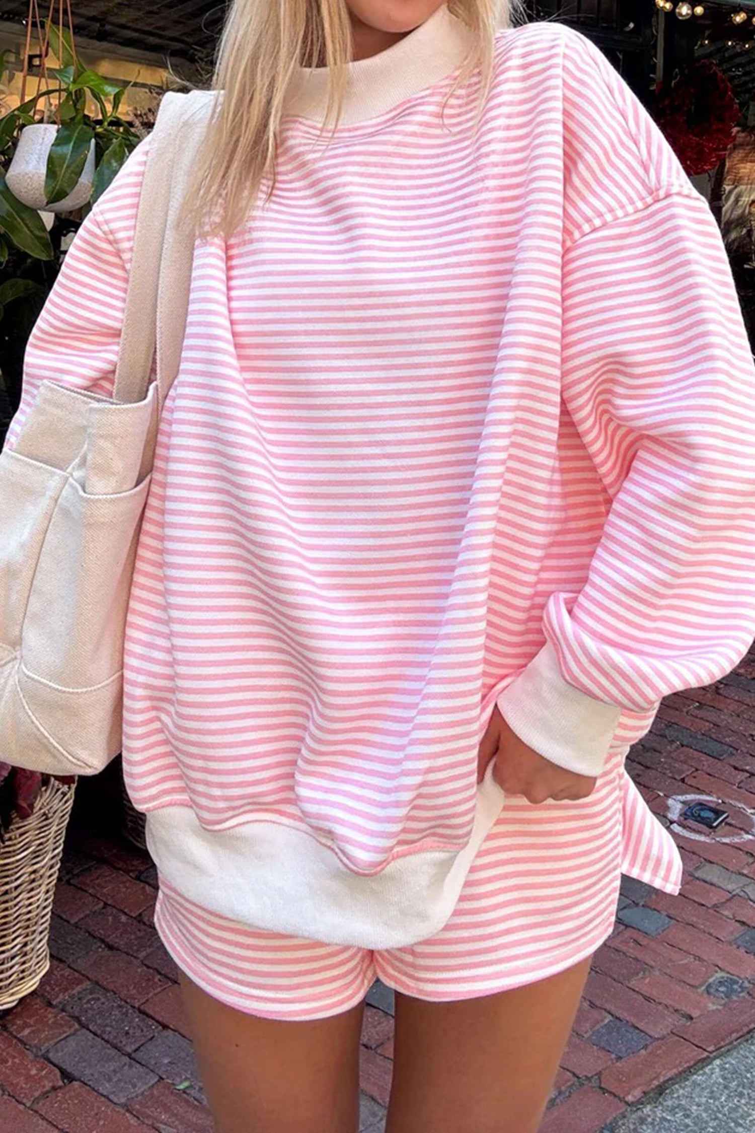 Red Stripe Oversize Mock Neck Sweatshirt and Shorts Set