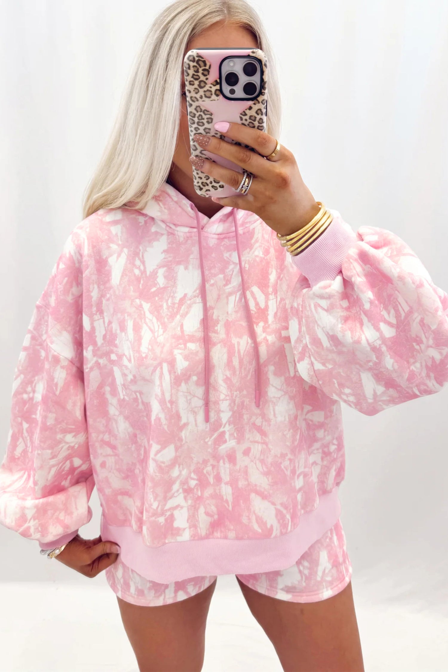 Pink Abstract Print Loose Hoodie Slim Shorts 2pcs Set