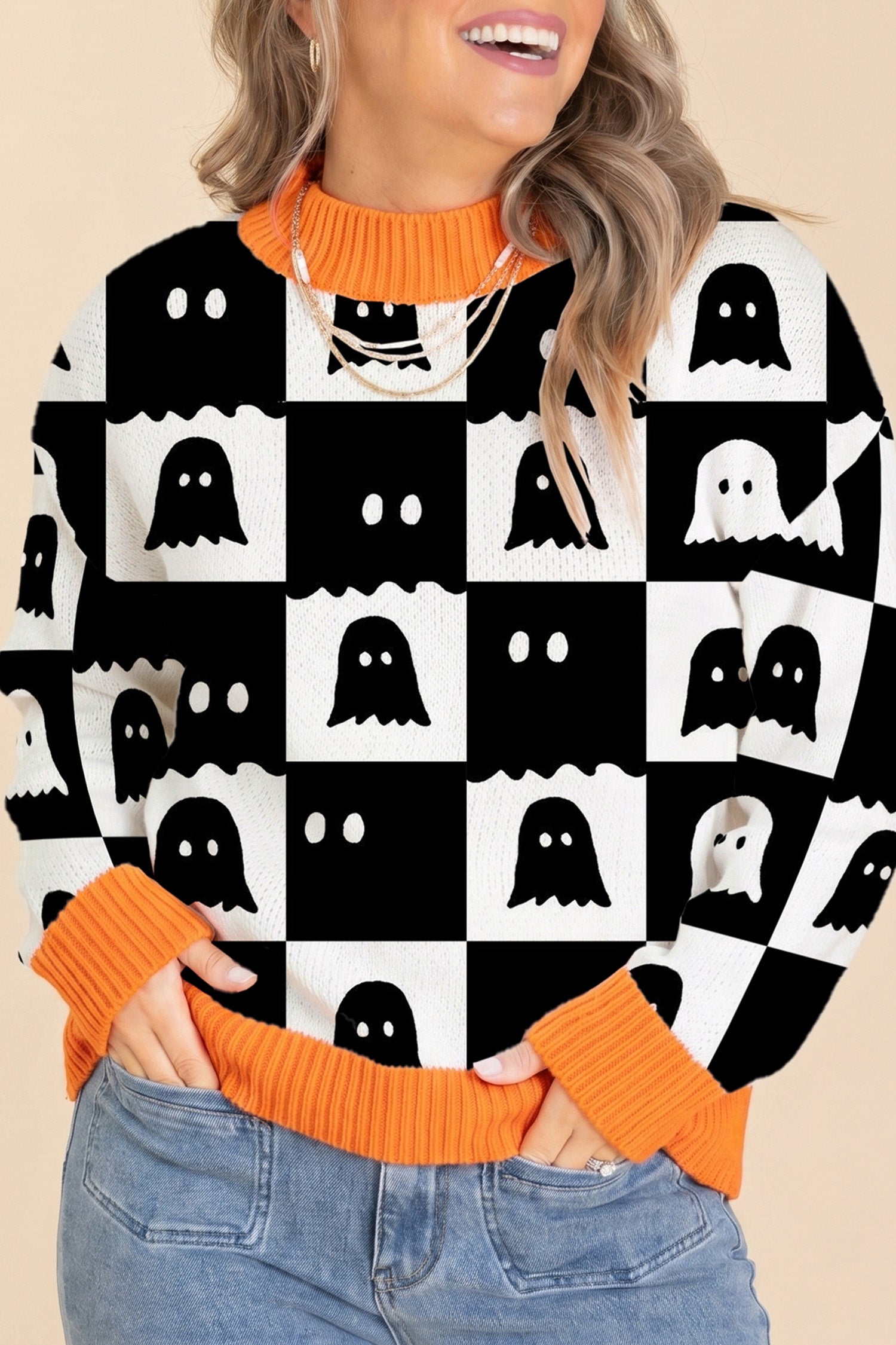Black High Neck Drop Shoulder Geometric Print Sweater