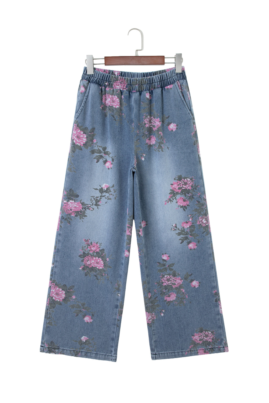 Beau Blue Floral Print Elastic Waist Pull On Casual Jeans