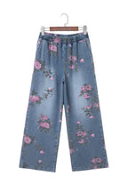 Beau Blue Floral Print Elastic Waist Pull On Casual Jeans
