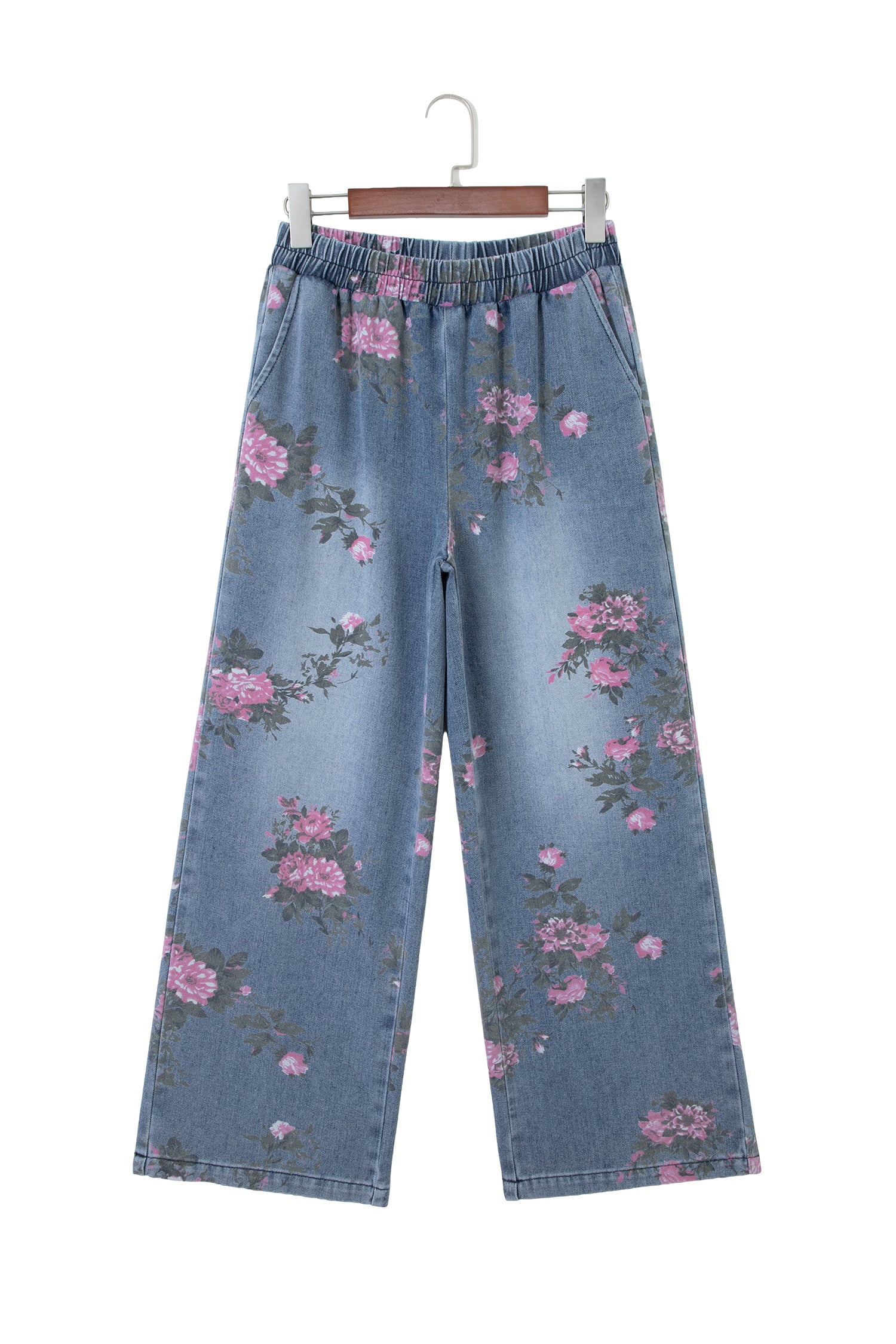 Beau Blue Floral Print Elastic Waist Pull On Casual Jeans