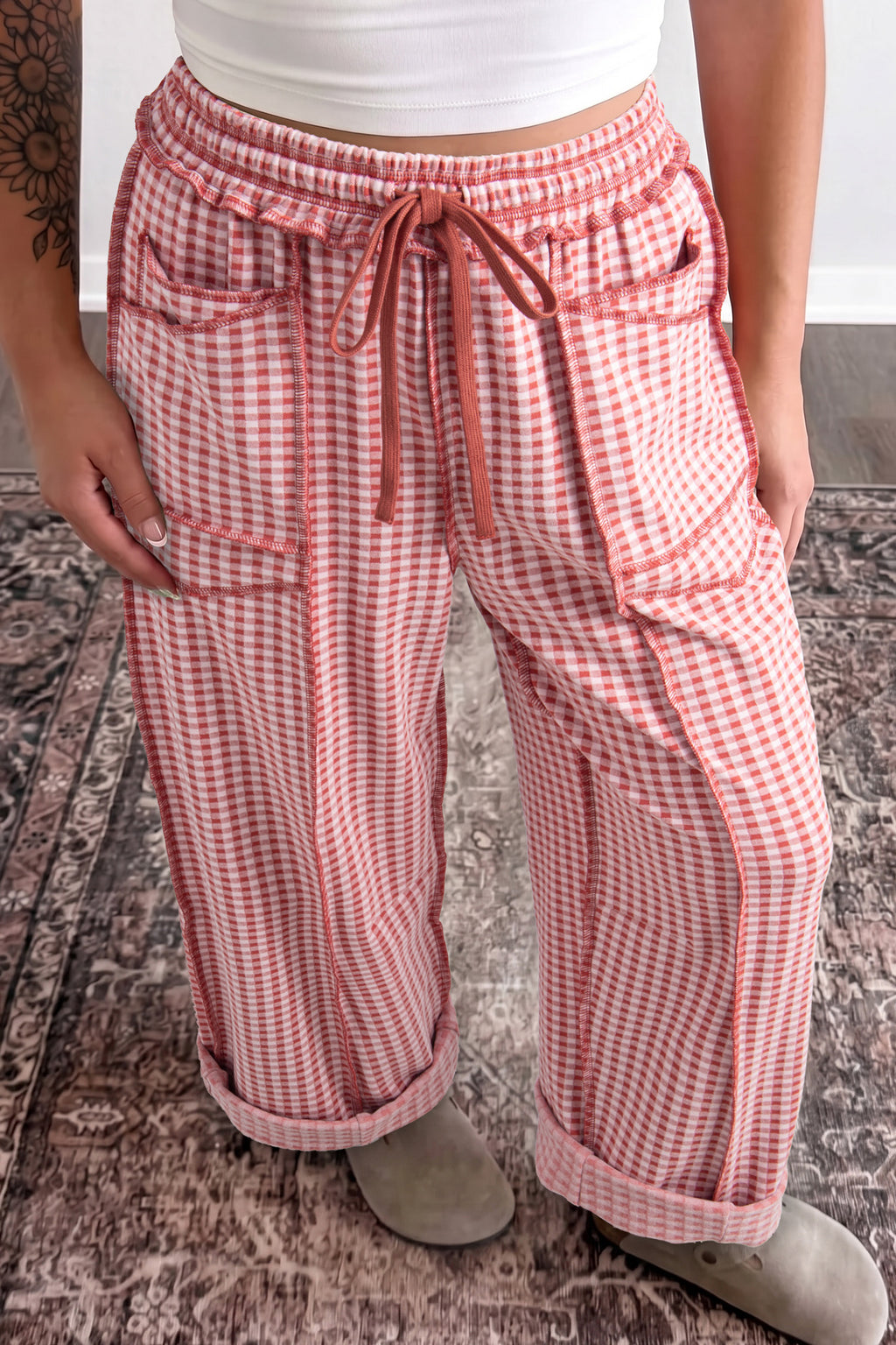 Plaid Contrast Trim Drawstring Elastic Waist Shift Pants