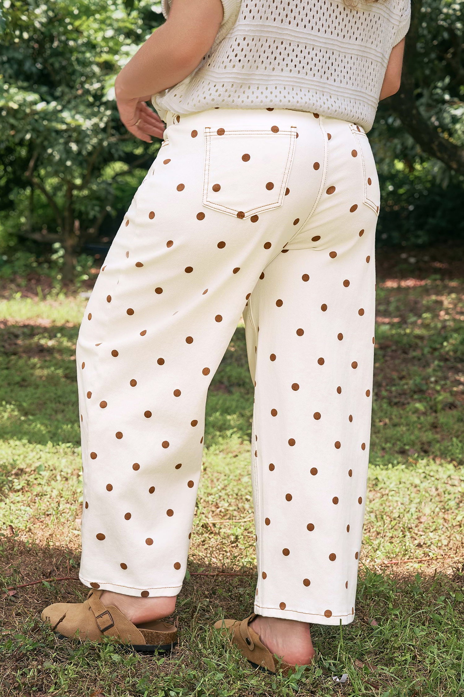 Beige Polka Dot Print Plus Size Barrel Jeans
