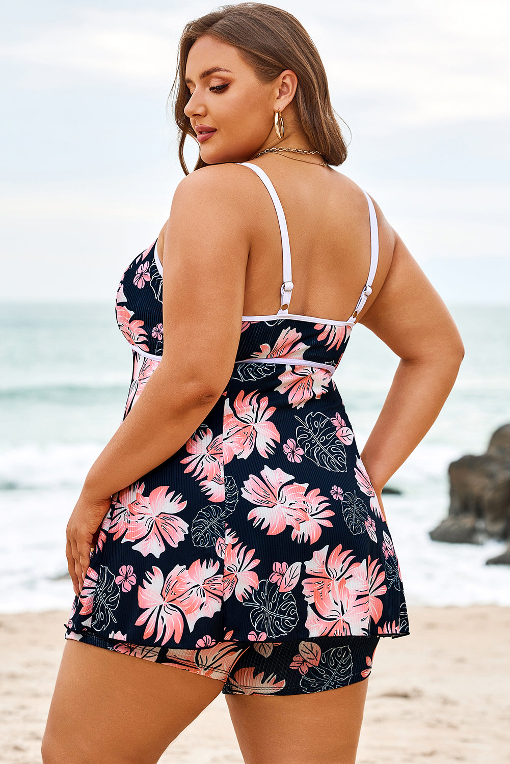 Black Plus Size Ribbed Contrast Trim Adjustable Straps 2pcs Swimsuit