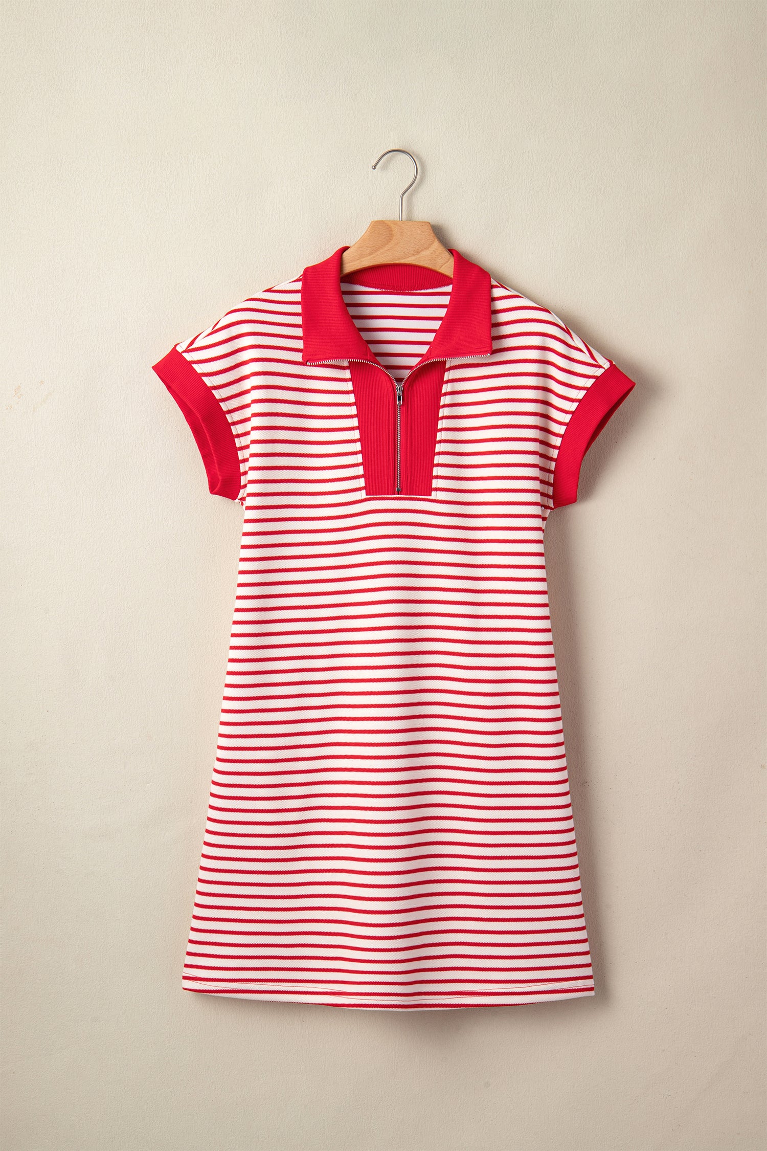 Red Stripe Quarter Zip Polo Collar T Shirt Dress with Pockets