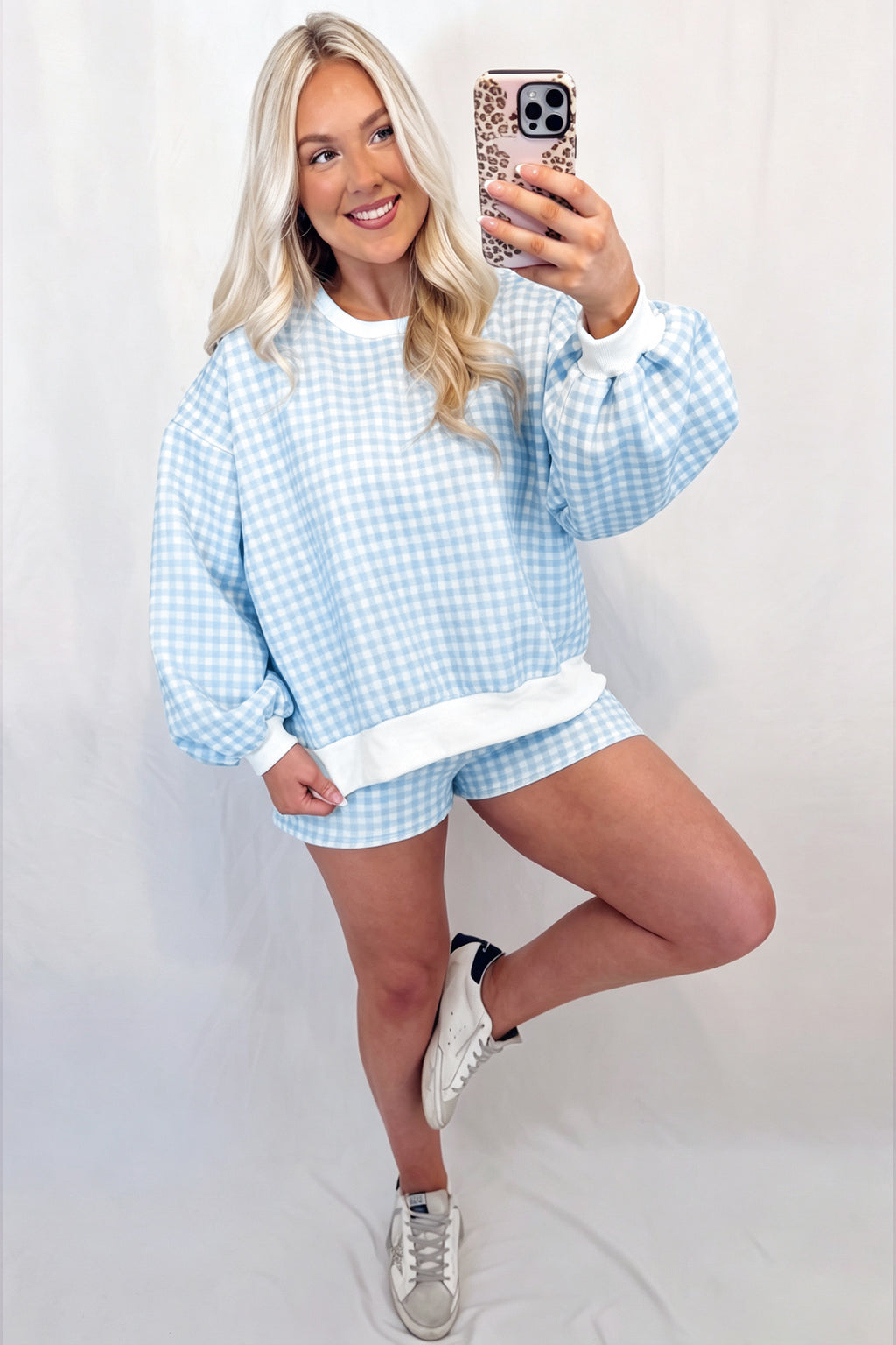 Sky Blue Plaid Baggy Pullover Drawstring Casual Shorts 2pcs Outfit