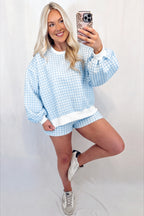 Sky Blue Plaid Baggy Pullover Drawstring Casual Shorts 2pcs Outfit