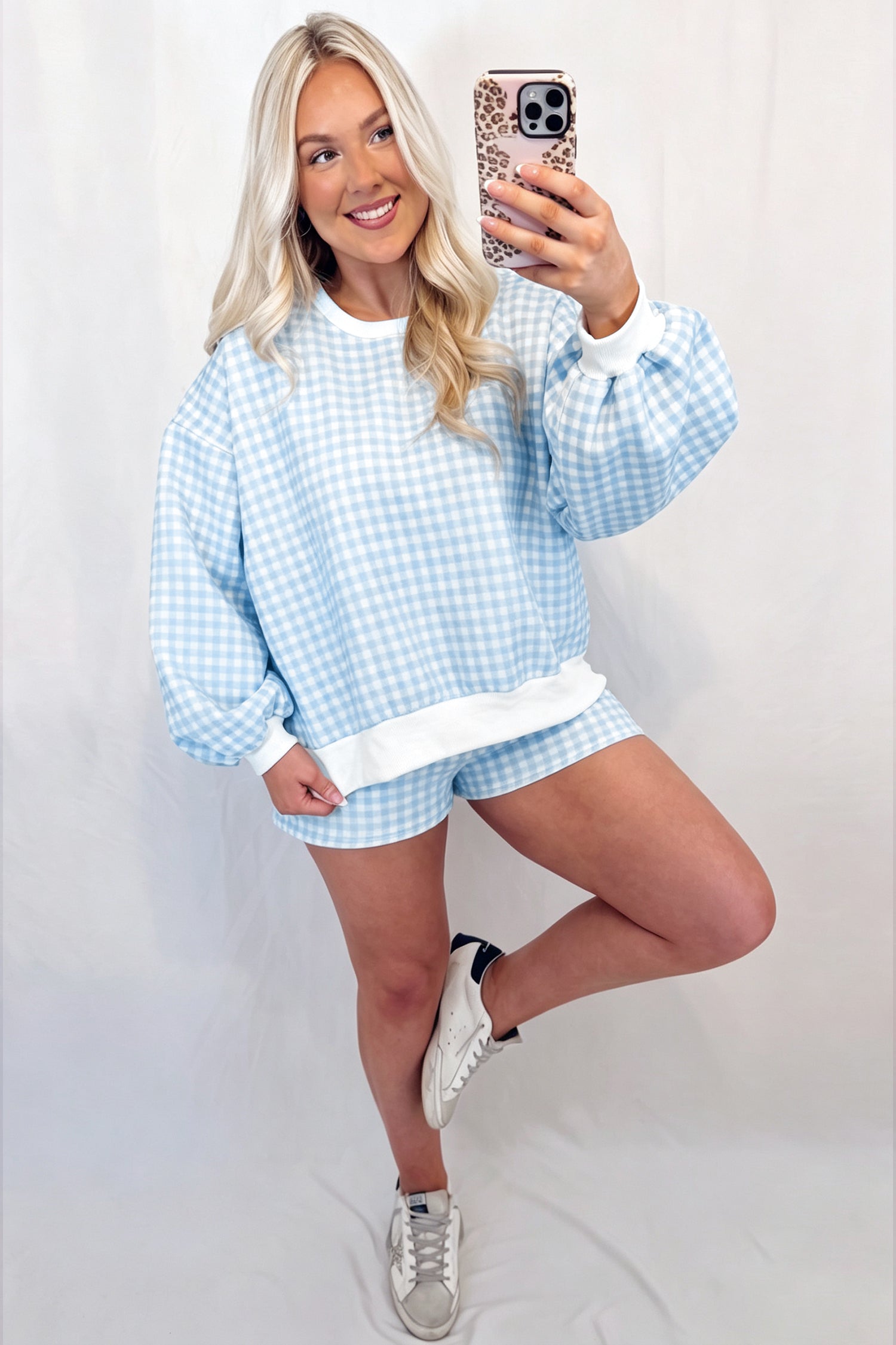 Sky Blue Plaid Baggy Pullover Drawstring Casual Shorts 2pcs Outfit