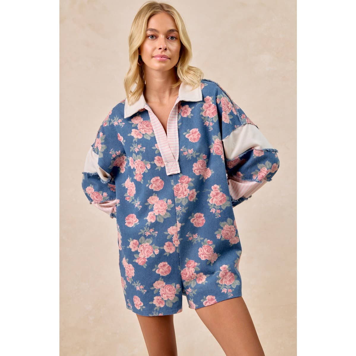 WASHED FLORAL DENIM ROMPER WITH CONTRAST COLLAR