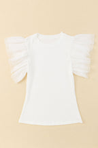 White Dotty Mesh Ruffle Sleeve Ribbed Knit Top