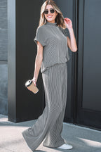 Burgundy Twisted Ribbed High Neck Loose Tee Elastic High Waist Loose Pant Set