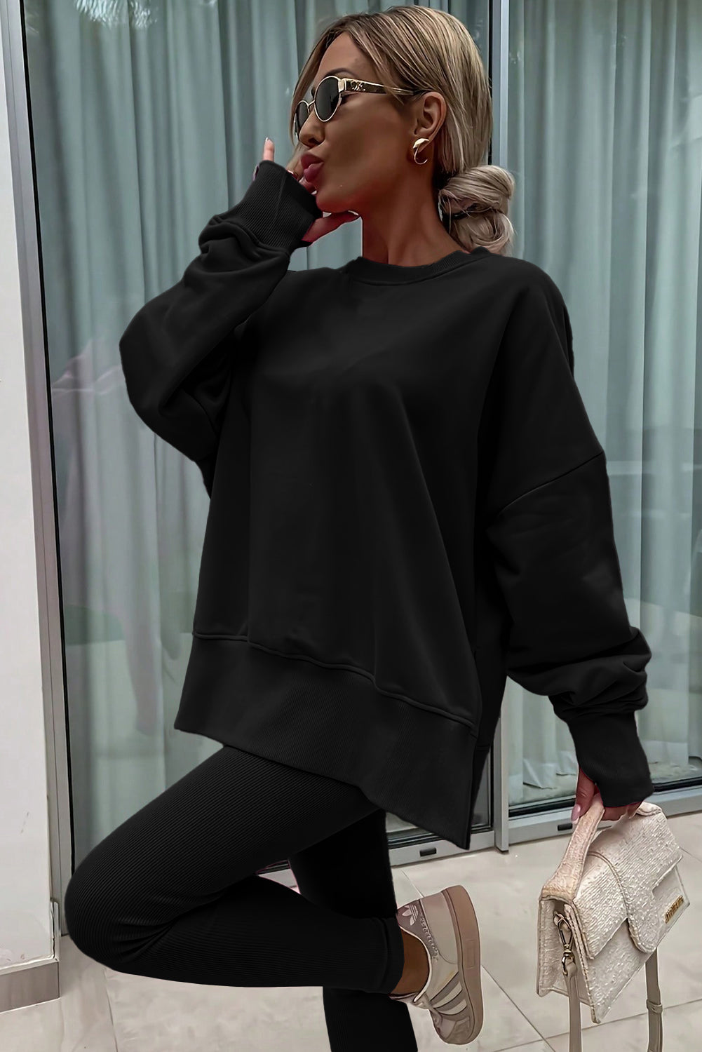 Black Solid Color Oversize Slit Sweatshirt Ribbed Leggings 2pcs Set