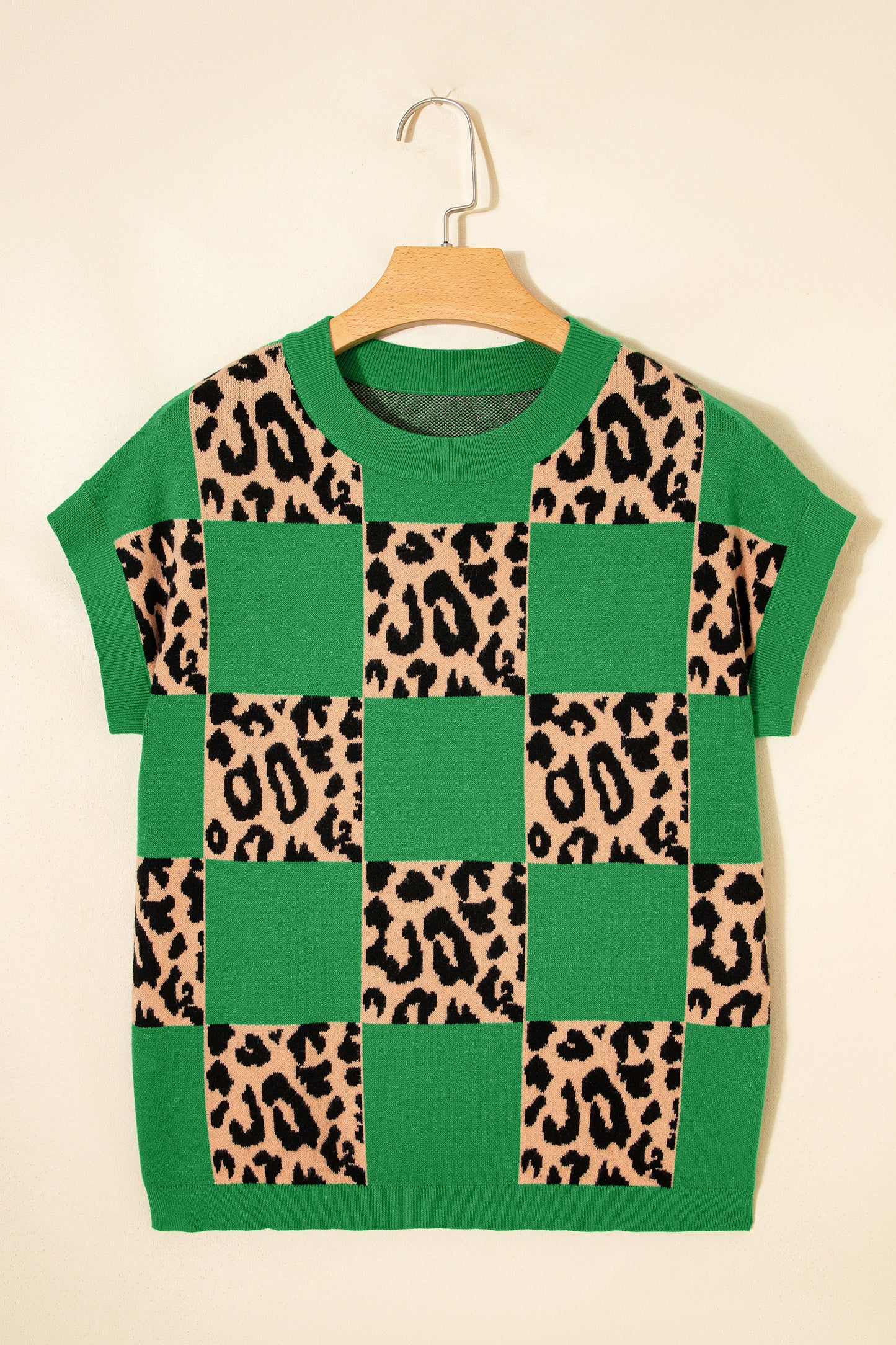 Green Leopard Checkerboard Short Sleeve Knit Sweater