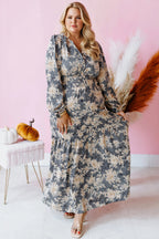 Sky Blue Plus Size Floral Print Split Neck Shirred High Waist Long Sleeve Maxi Dress